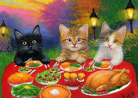 Kittens cats Thanksgiving dinner garden lamps evening original aceo
