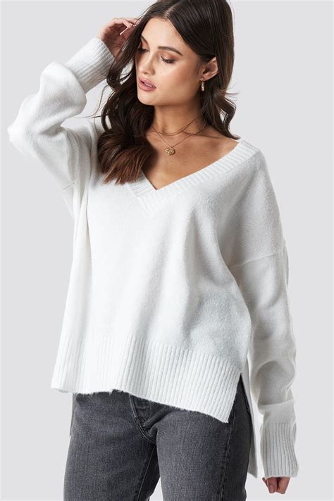 Deep V Neck Oversized Sweater White Na