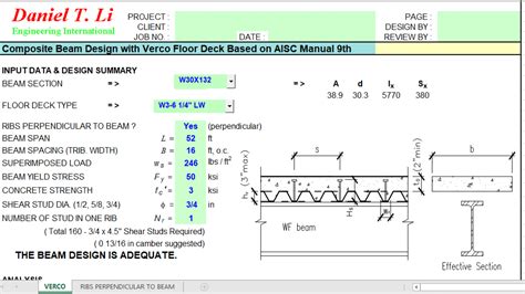 Composite Beam Design With Verco Floor Deck Based On Aisc Manual 9th