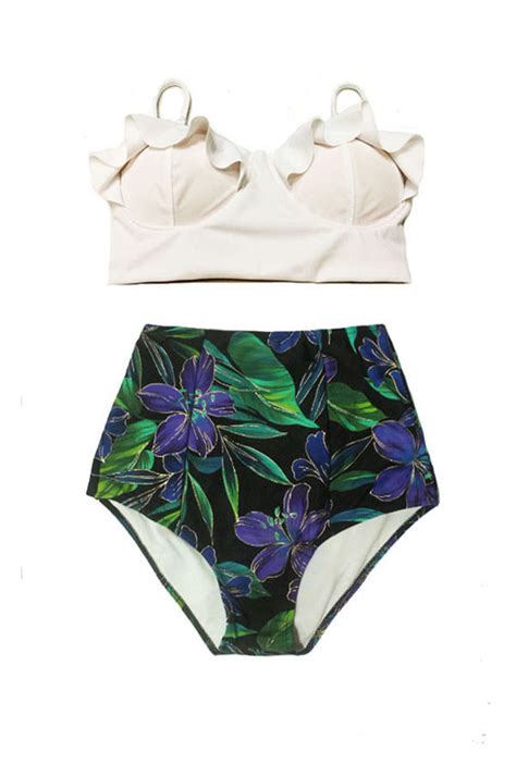 White Midkini Padded Top And Flora Floral Retro Vintage High Waisted