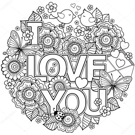 I love you. Vector Coloring page for adult. Rounder frame made of