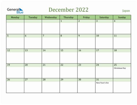 December 2022 Japan Monthly Calendar With Holidays