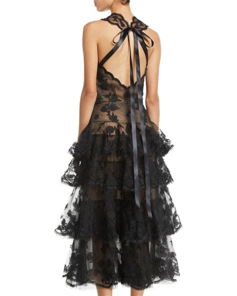 Oscar De La Renta Sleeveless Floral Embroidered Tiered Tulle Evening