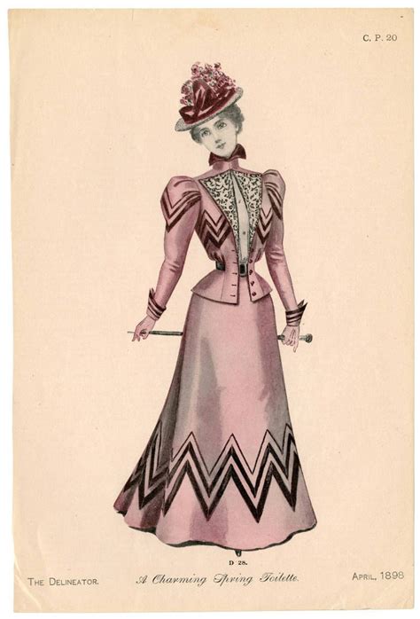 An Old Fashion Illustration Of A Woman In A Pink Dress With A Hat And Cane