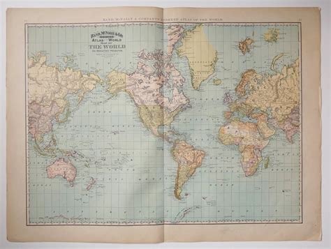 Large 1892 World Map On Mercators Projection Rand Mcnally Atlas Map