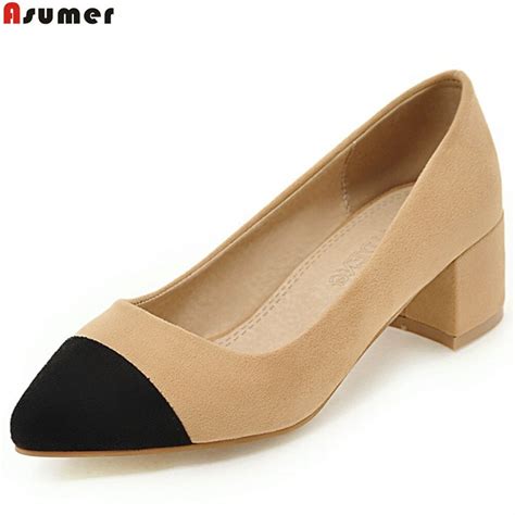 Asumer Apricot Black Pointed Toe Shallow Fashion Spring Shoes Woman Square Heel Mixed Colors