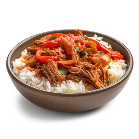 Delicious Cuban Ropa Vieja With Rice In A Bowl On White Background