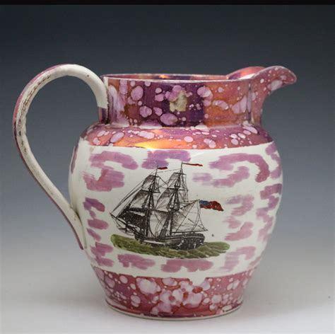 Antique English pottery pink lustre jug with nautical themes. early ...