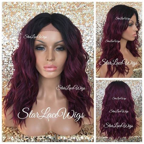 Lace Front Wig Burgundy Plum Dark Roots Wavy Layers Etsy Flexi Rods Synthetic Lace Front Wigs