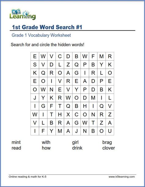 Word Search Worksheets For Grade 1 K5 Learning Vocabulary
