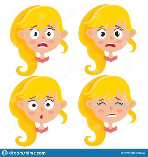 Set Of Blonde Girl Scared Face Expression Isolated On White Stock