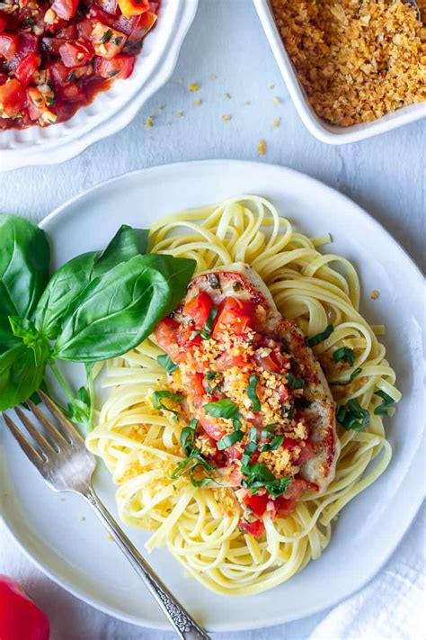 Diced grilled chicken, roasted chicken or rotisserie chicken to make a chicken bruschetta pasta salad small mozzarella cheese balls (known as bocconcini) Easy Bruschetta Chicken Pasta Recipe with Garlic Breadcrumbs
