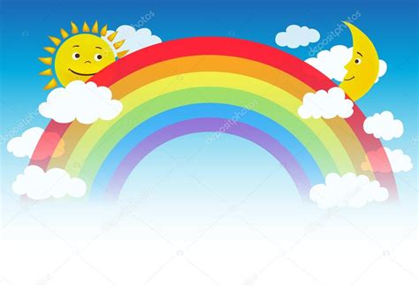 Vector Illustration Of A Rainbow With Clouds Sun And Moon Characters