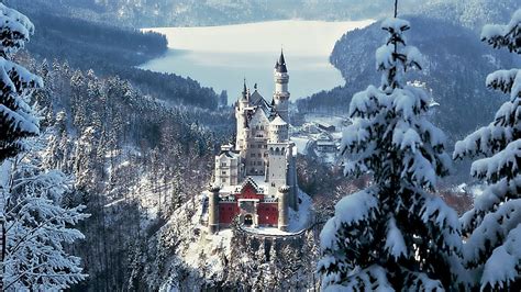 Обои замок Нойшванштайн Fssen замок зима снег 4k Ultra Hd бесплатно
