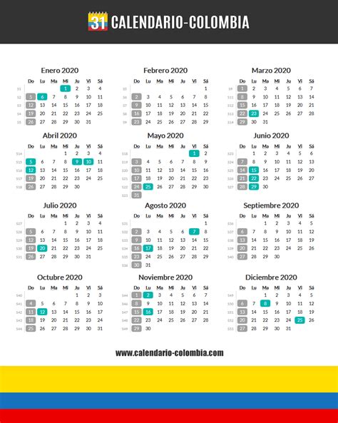 Calendario Programador 2020 Colombia Con Festivos Para Imprimir