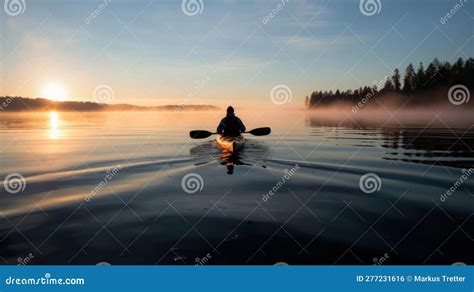 A Person Kayaking Through Calm Glassy Water In The Early Morning
