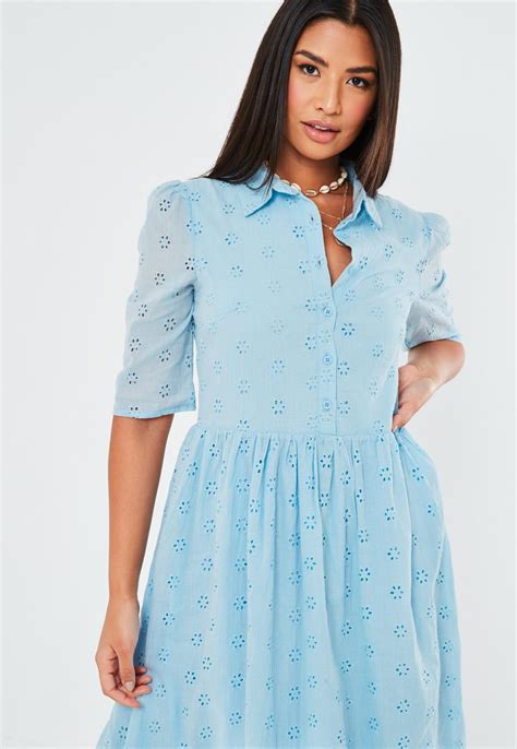 Blue Broderie Anglaise Smock Shirt Midi Dress | Missguided