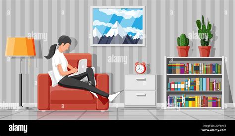 Interior Of Modern Living Room Freelancer On Sofa Working At Home With