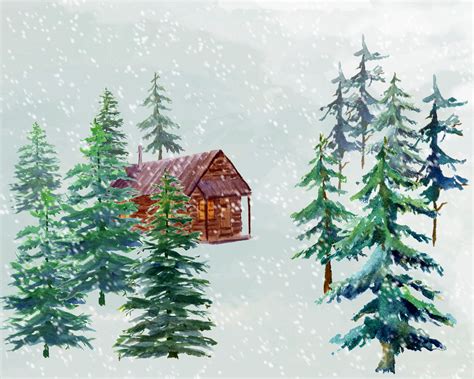 Winter Woods Watercolor Clip Art Pine Trees Snow Log