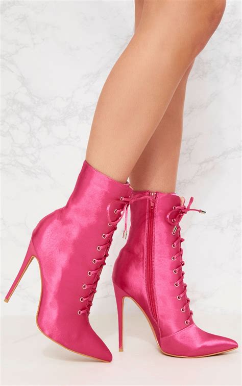pink satin lace up heeled boot shoes prettylittlething
