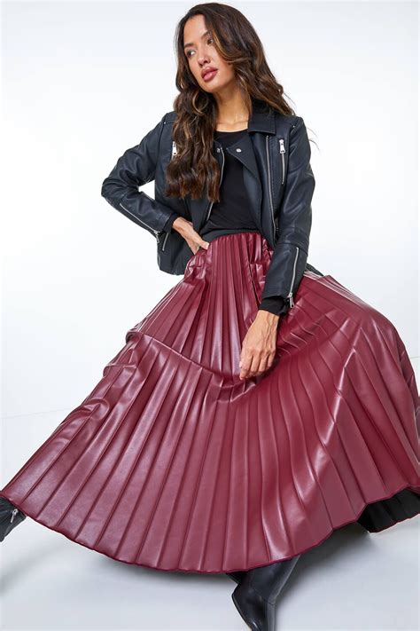 Faux Leather Pleated Maxi Skirt In Red Roman Originals Uk Pleated