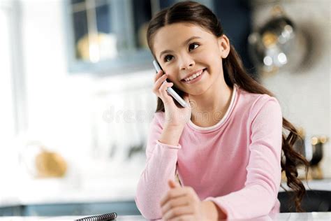 Merry Optimistic Girl Calling Mom With Phone Stock Image Image Of