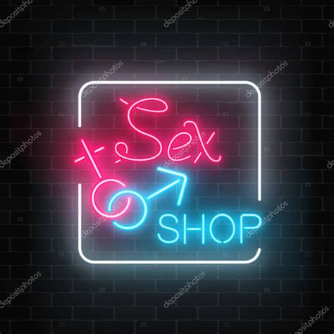 Glowing Neon Sex Shop Street Sign On Dark Brick Wall Background Adult