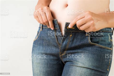 Overweight Fat Woman Wearing Jeans Weight Loss Stomach Closeup Skinny