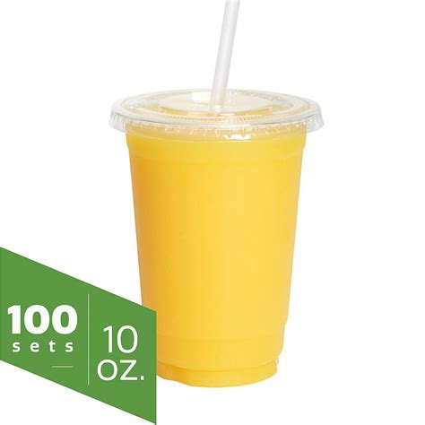 Comfy Package 10 Oz Clear Plastic Cups With Flat Lids 100 Sets