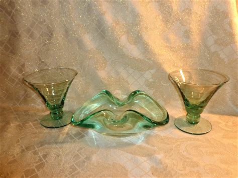 Vintage Hand Made Light Green Glass Martini Glasses With Matching Ash Tray Or Candy Dish Unique