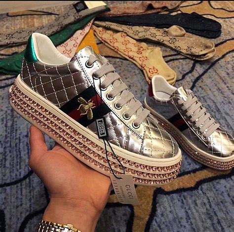 Gucci Inspired Metallic Quilted Ace Crystal Platform Sneakers