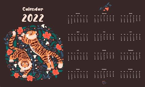 Calendario 2022 Con Lindos Tigres Y Flores Gráficos Vectoriales