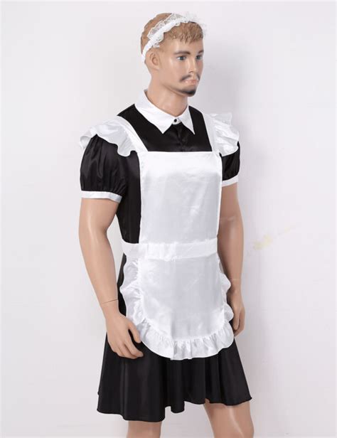 Mens Halloween Maid Fancy Costume Sissy Crossdressing Satin Dress Party