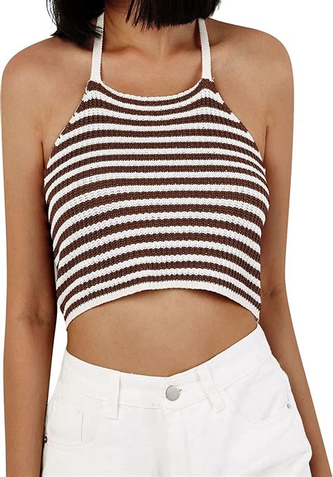 Women S Halter Neck Knit Sleeveless Crop Top Basic Y2k Striped Print Tank Cami Top Sexy Backless