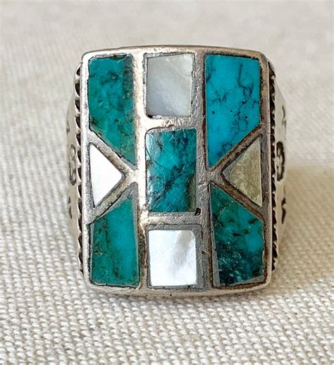 Turquoise Inlay Mens Ring Sterling Silver Vintage Native American Zuni