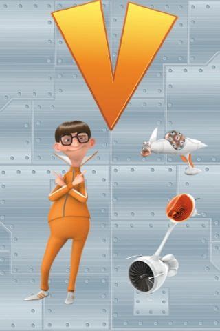 A Cartoon Character Is Standing In Front Of An Orange V Sign And Various Objects
