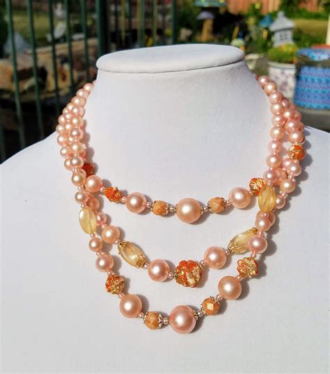 Vintage Beaded And Faux Pink Pearl Necklace Multi Strand Etsy Multi Strand Necklace Pink