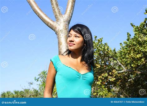 Woman Leaning On A Tree Stock Image Image Of Expression