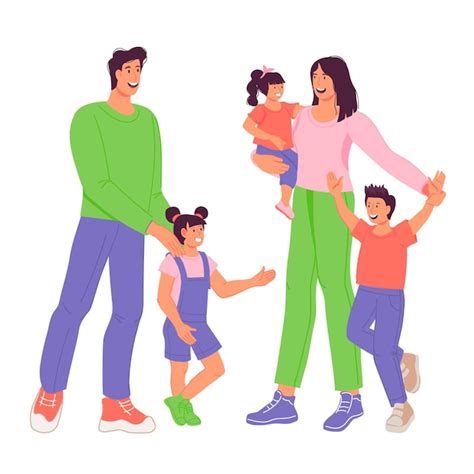 Familia Feliz De Madre Padre Y Tres Hijos Ilustración Vectorial Plana