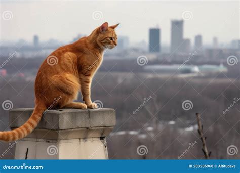 Cat Sitting Atop Tall Structure Surveying The City Below Stock Photo