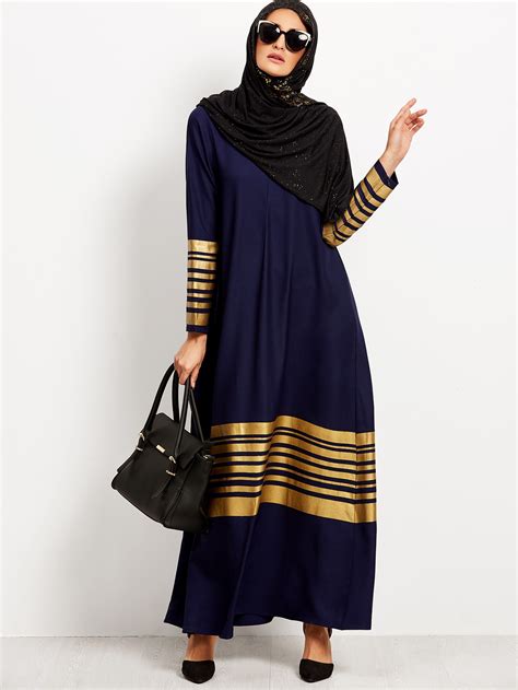 Muslim Striped Lurex Long Sleeve Islamic Kaftan Abaya Maxi Dress Shein