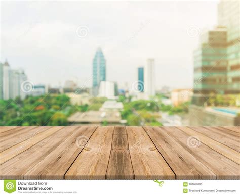 Wooden Board Empty Table Top Blurred Background