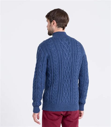 French Navy Pure Wool Mens Pure Wool Aran Cable Zip Neck Knitted Sweater
