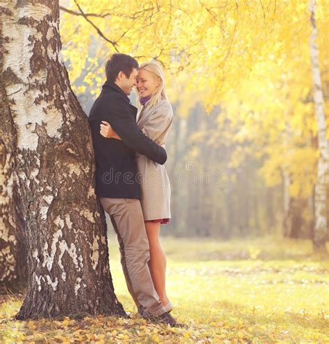 Happy Young Loving Couple Hugging Near Tree Autumn Stock Photos Free