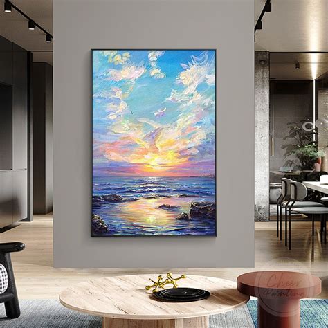 Ocean Painting On Canvas Abstract Seascape Sunset Wall Art Original