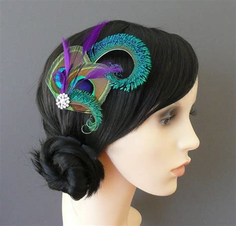 peacock feather hair clip purple fascinator 1920 s flapper bridesmaids hair accessory crystal