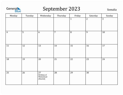 September 2023 Monthly Calendar With Somalia Holidays