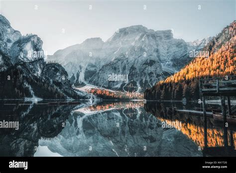 Boats On The Braies Lake Pragser Wildsee In Dolomites Mountains