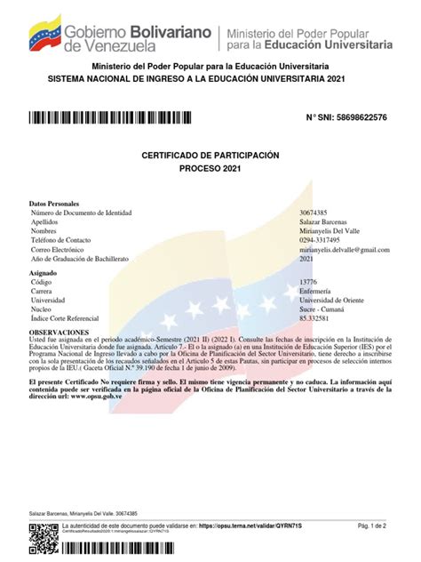 Certificado De Participacion Opsu Pdf Venezuela