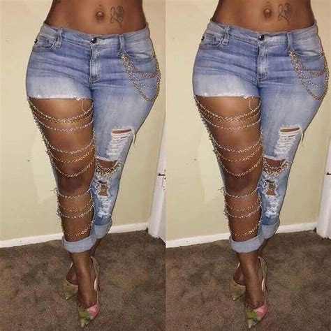 Hole Jeans Fashion Women Sexy Destroyed Ripped Distressed Chain Denim